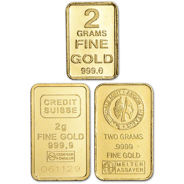 Gold bar, Metals, 24 K, 2 g, purity 999.9 ‰