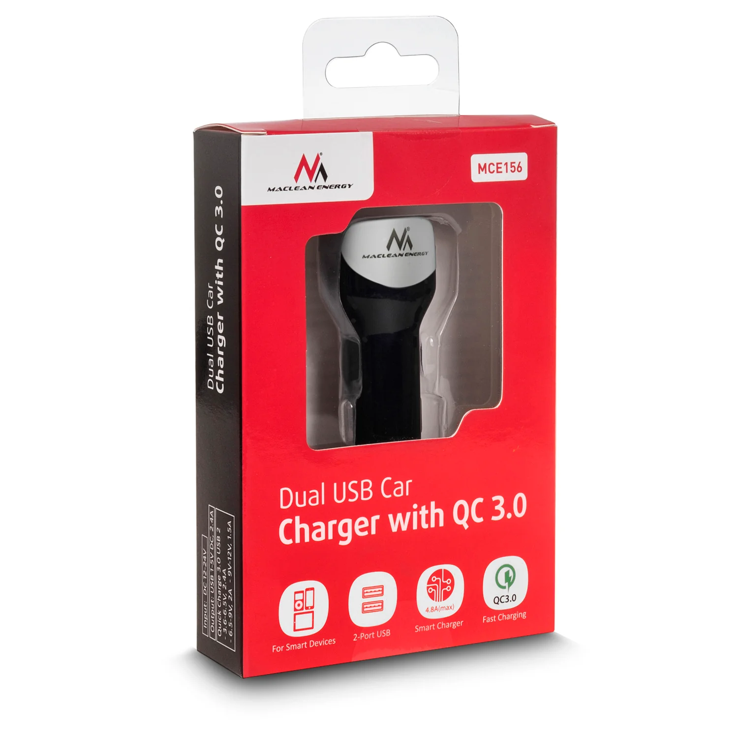 Maclean Energy MCE157 Qualcomm Quick Charge QC 3.0 2xUSB car charger plus 1.5 m cable